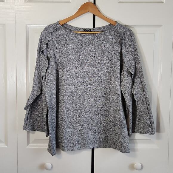 Clara Sun Woo Women's Heathered Gray Sweater Size LG Ruffle Sleeve Neutral USA - Picture 1 of 9